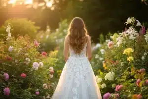 Mariée de dos aux cheveux longs ondulés portant une robe ivoire dans un jardin fleuri