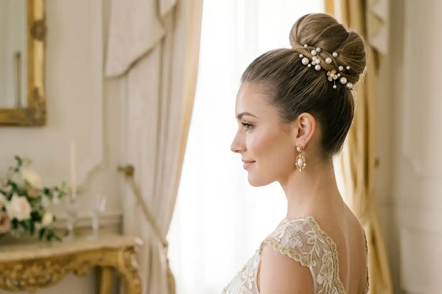 Chignon haut de mariee avec epingles nacrees Chignon haut de mariee agrement d epingles nacrees, vue de profil, ambiance elegante