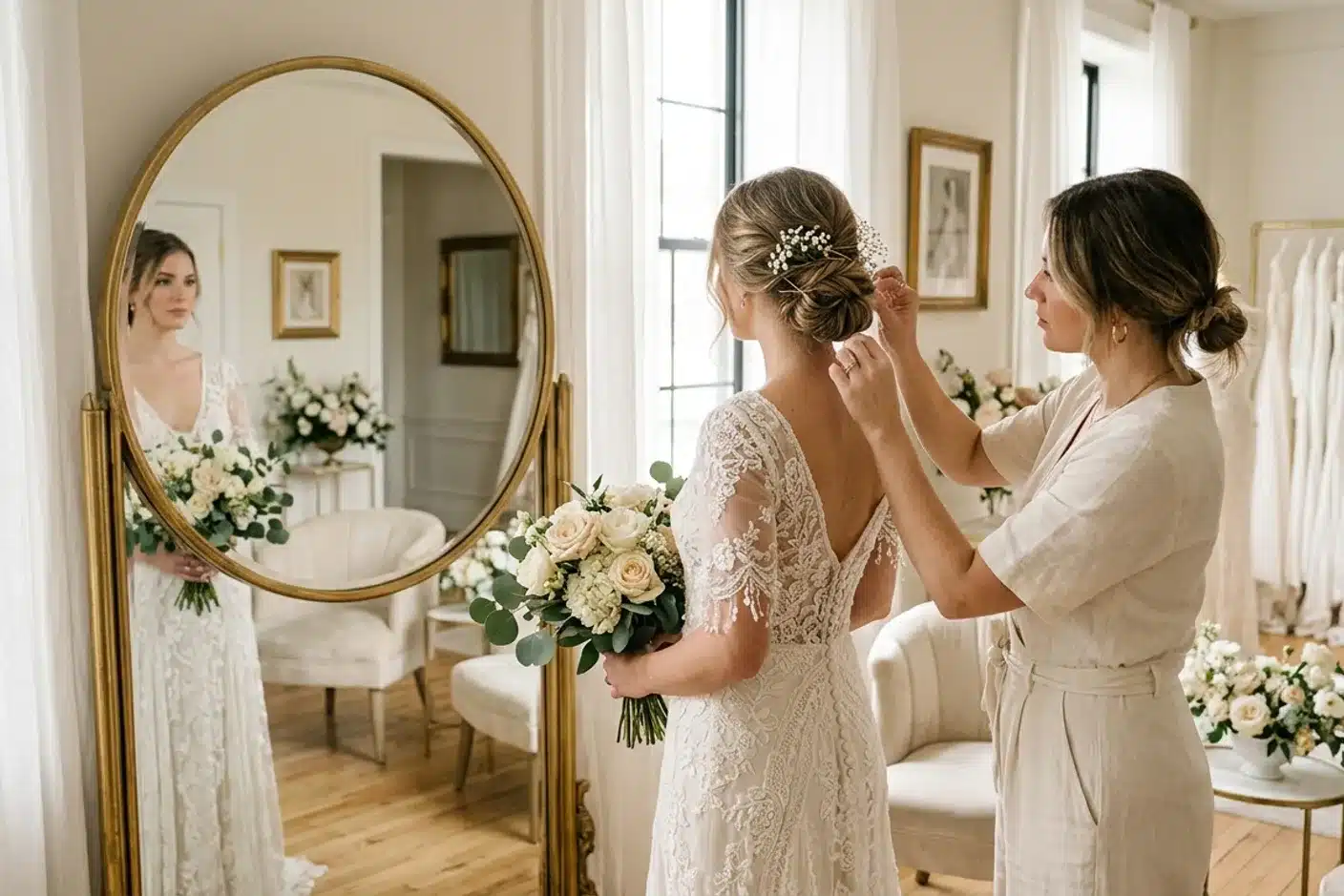 Essayage de coiffure de mariage devant un miroir Mariee vue de dos lors d un essayage de coiffure devant un grand miroir, ambiance salon lumineux