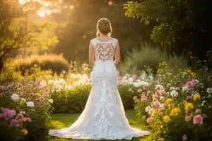 Vue de dos d une mariee en robe dentelle avec un chignon bas romantique dans un jardin fleuri