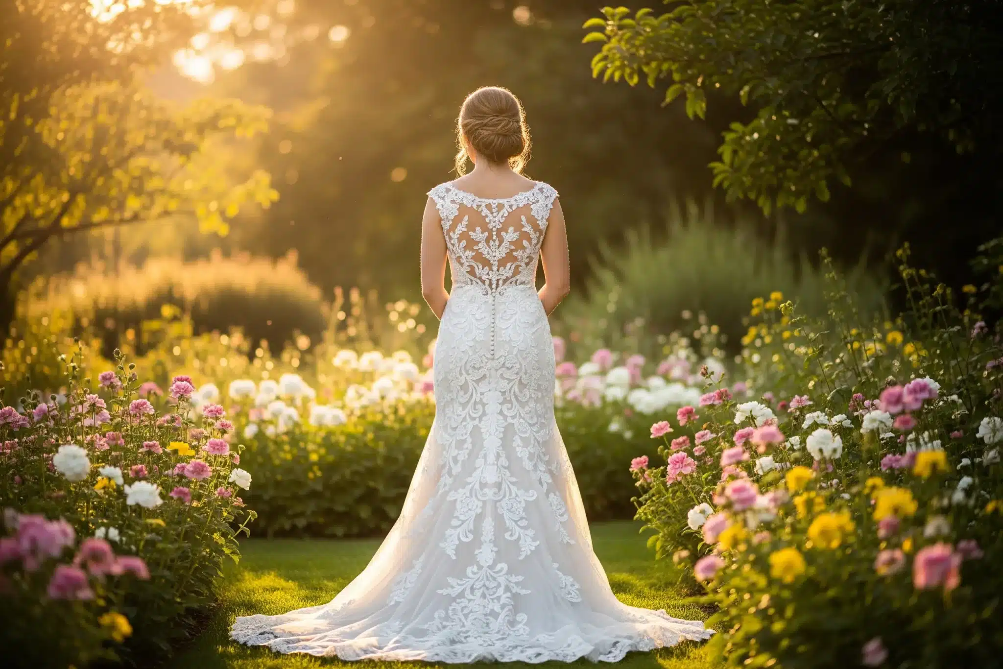 Coiffure de mariage : idées selon le style Vue de dos d une mariee en robe dentelle avec un chignon bas romantique dans un jardin fleuri