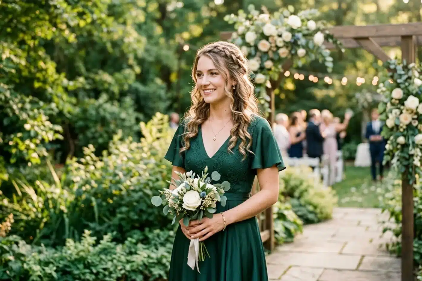 Coiffure d invitee au mariage : tresse demi-attachee et boucles Femme en tenue de soiree avec une coiffure demi-attachee tressee et des boucles douces pour un mariage