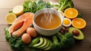 Aliments riches en collagène incluant bouillon d'os, saumon et agrumes disposés sur une table en bois