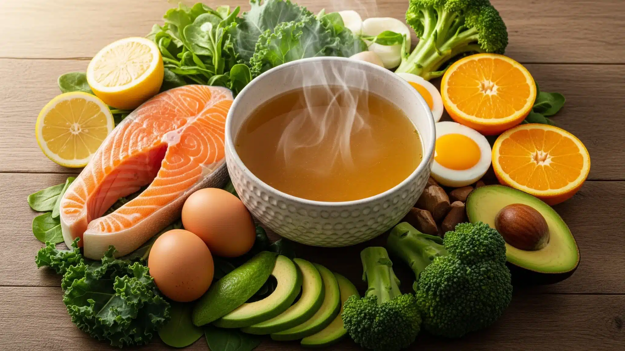 Collagène aliments sources peau Aliments riches en collagène incluant bouillon d'os, saumon et agrumes disposés sur une table en bois