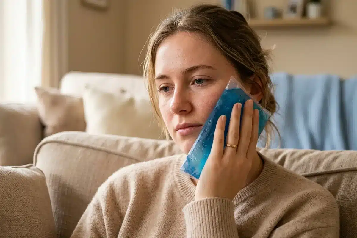 Compresse froide appliquée sur la joue pour soulager une douleur dentaire Main tenant une poche de glace bleue contre la joue pour soulager une rage de dent