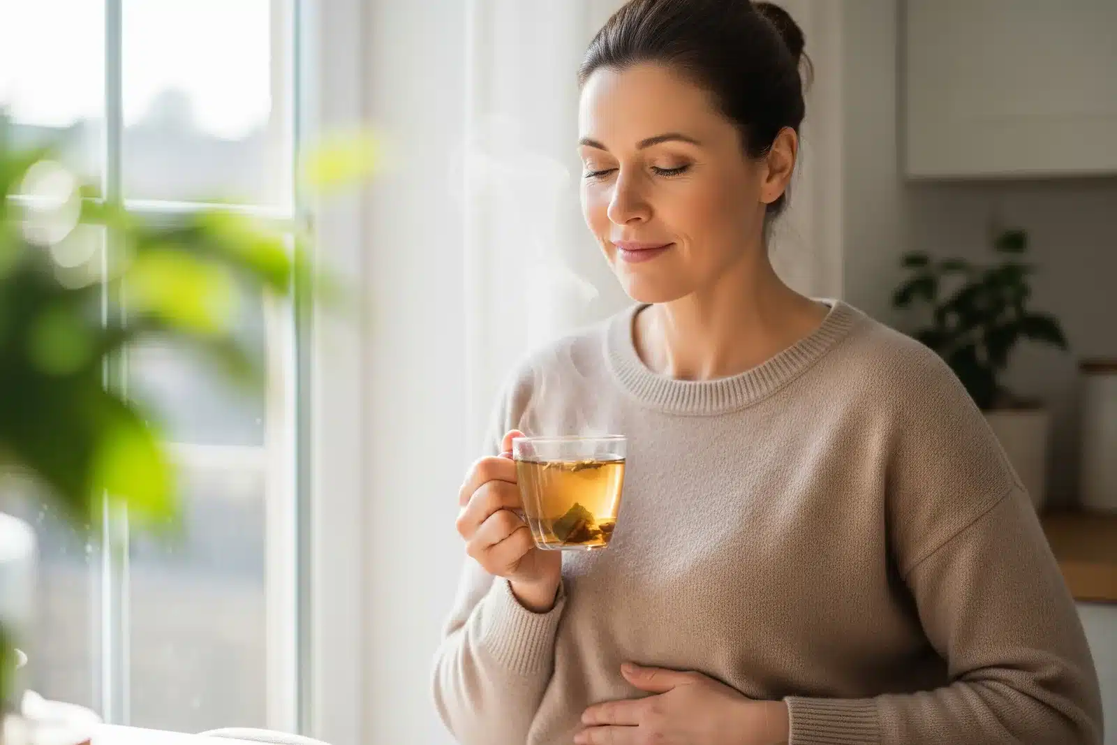 Femme détendue tenant une tasse de tisane, une main sur le ventre, évoquant le confort digestif et un bon transit