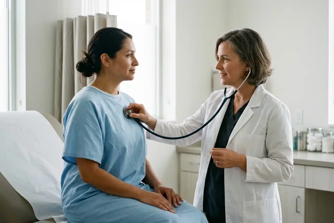 Consultation médicale pour douleur au sternum Médecin avec stéthoscope examinant une patiente pour une douleur thoracique