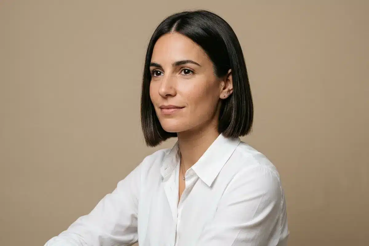 Carré droit net au niveau de la mâchoire Femme brune portant un carré droit net s'arrêtant au niveau de la mâchoire, vue de trois quarts