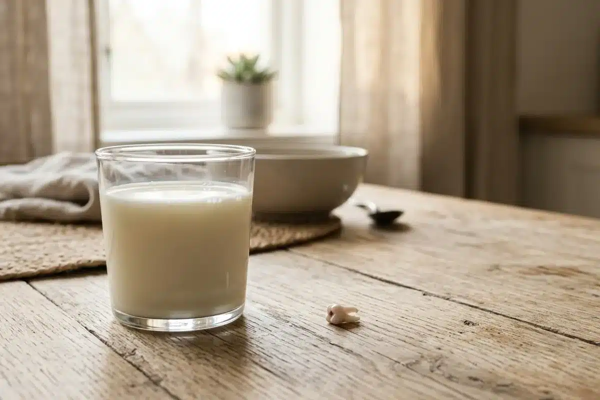 Dent expulsée conservée dans un verre de lait Une dent posée près d'un verre de lait sur une table en bois