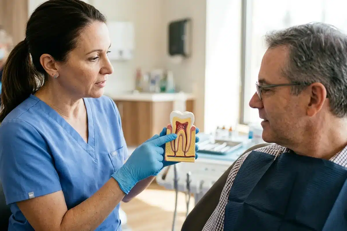 Comprendre la dévitalisation dentaire Modèle anatomique de dent en coupe présenté par un dentiste