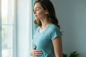 Diaphragme au repos : femme debout, main sous les côtes, respirant calmement près d'une fenêtre