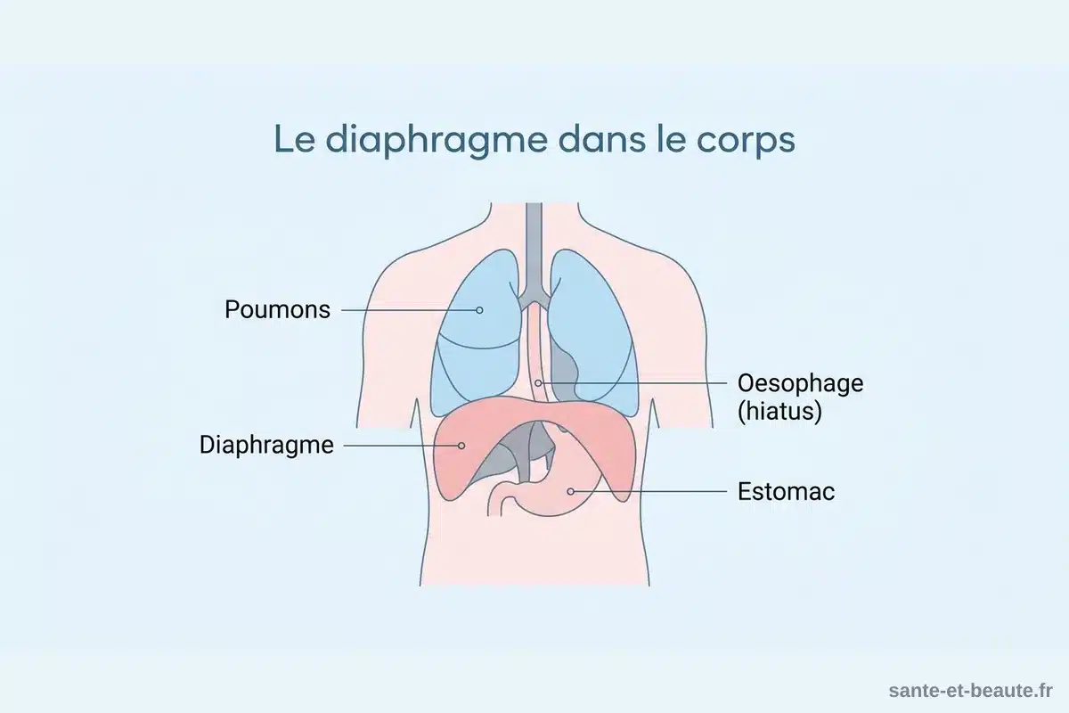 Schéma du diaphragme dans le corps humain Schéma anatomique situant le diaphragme entre les poumons et l'estomac, avec l'œsophage traversant le hiatus