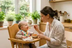 Mère qui donne ses premiers aliments en purée à son bébé dans une chaise haute