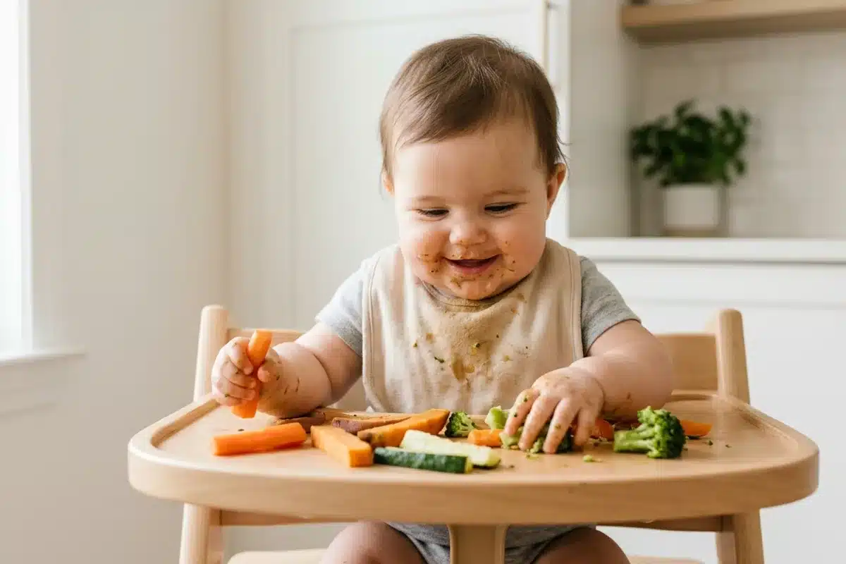 Diversification menée par l'enfant DME bébé Bébé qui mange seul des morceaux de légumes dans sa chaise haute, diversification menée par l'enfant