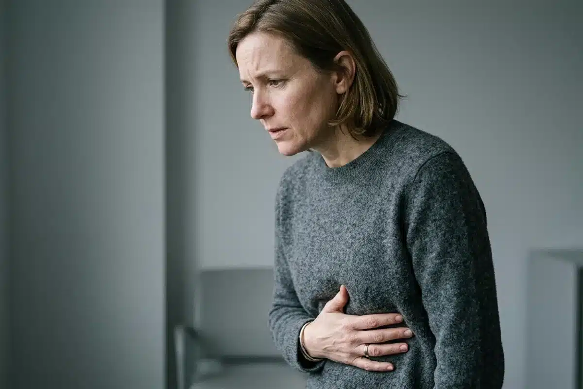Douleur ressentie sous les côtes Femme de profil, main pressée sous les côtes, exprimant une gêne au niveau du diaphragme