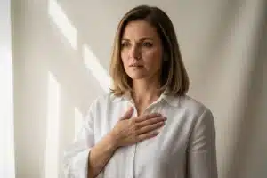 Femme tenant sa main sur son sternum, exprimant une gêne thoracique légère