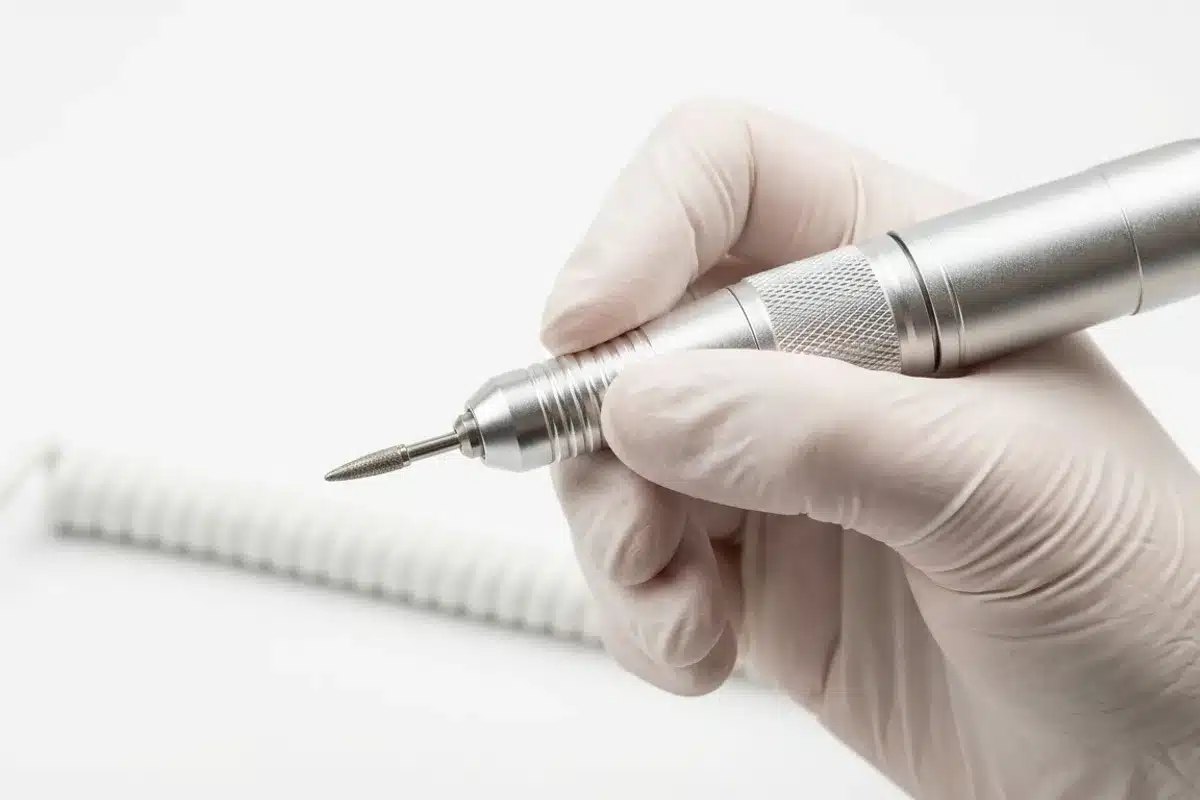 Ponceuse à ongles utilisée en manucure russe Main gantée tenant un drill à ongles professionnel argenté sur fond blanc, technique de manucure russe