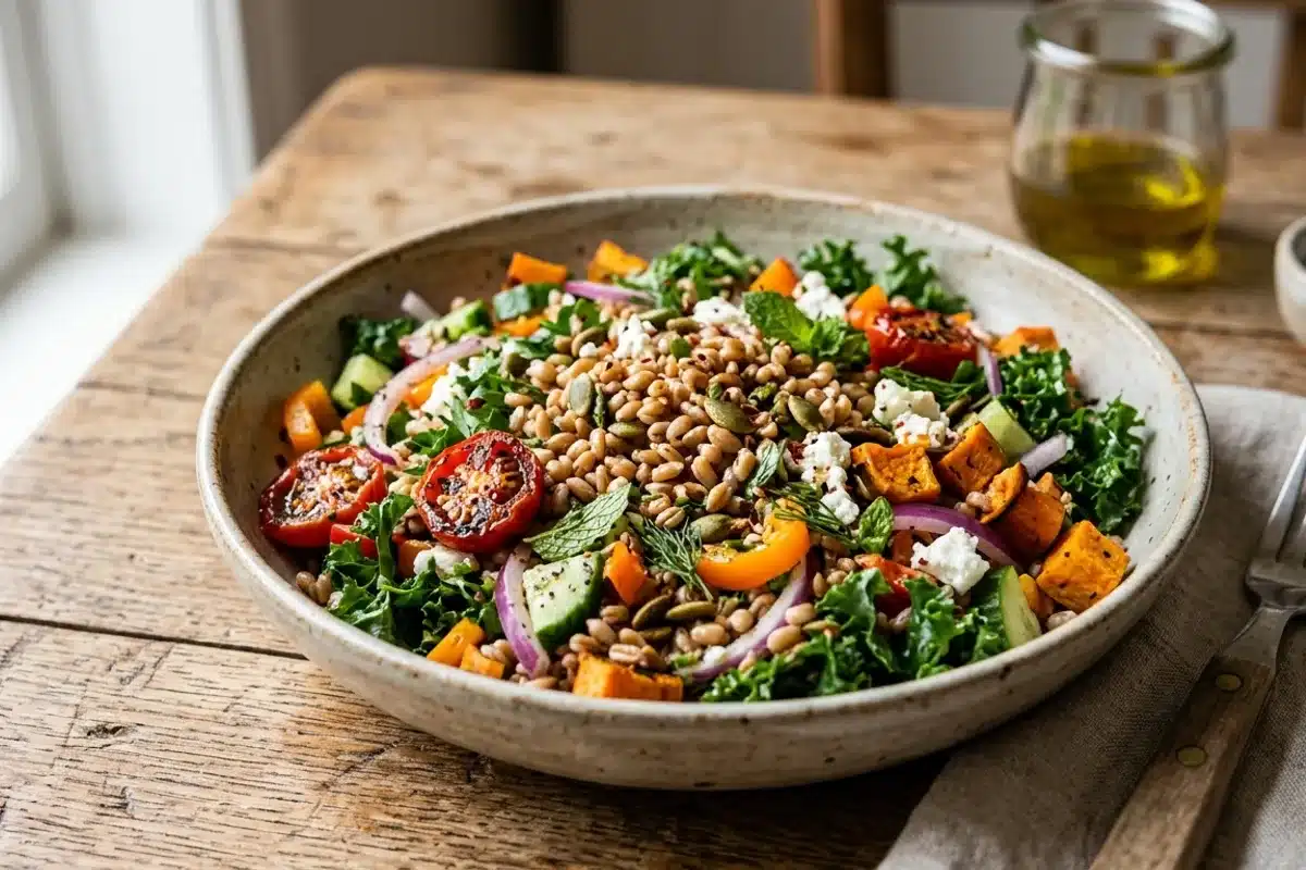 Grains d'épeautre cuits en salade colorée Salade de grains d'épeautre cuits avec légumes frais, kale et tomates rôties dans un grand bol sur table en bois