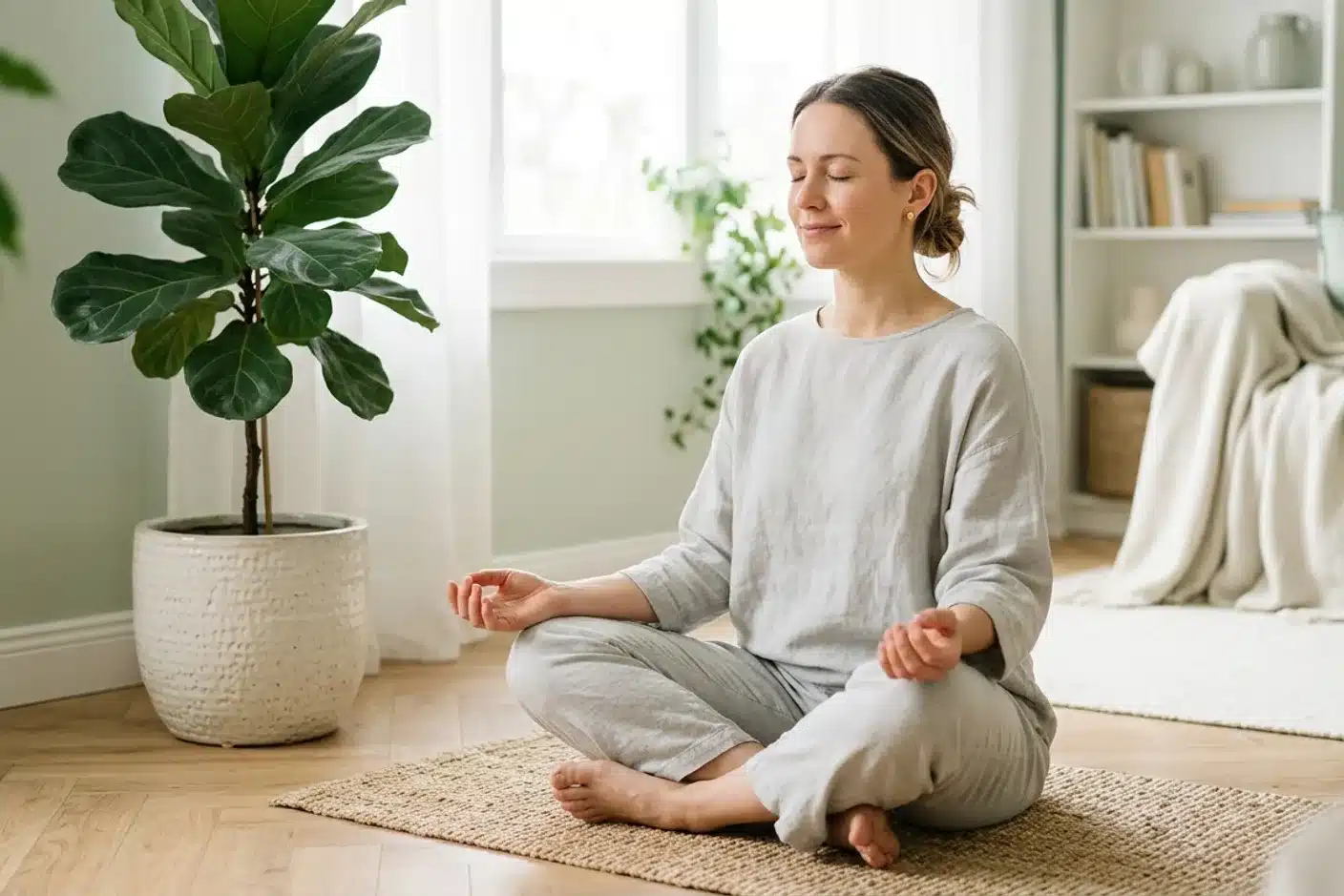 Exercice de respiration pour calmer une crise Femme assise en tailleur pratiquant un exercice de respiration pour calmer une crise de spasmophilie