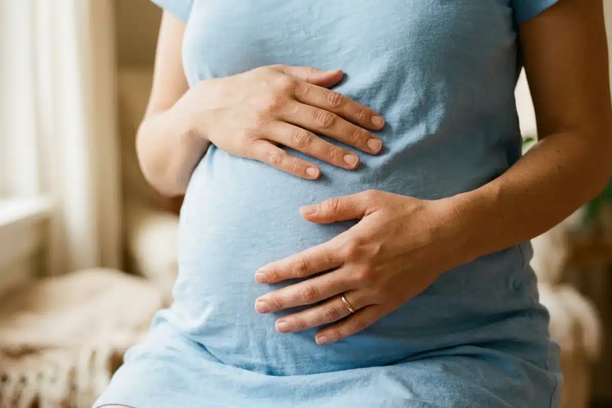 Respiration abdominale pour soulager l'hyperventilation Gros plan de mains posées sur l'abdomen, illustrant la technique de respiration ventrale contre l'hyperventilation