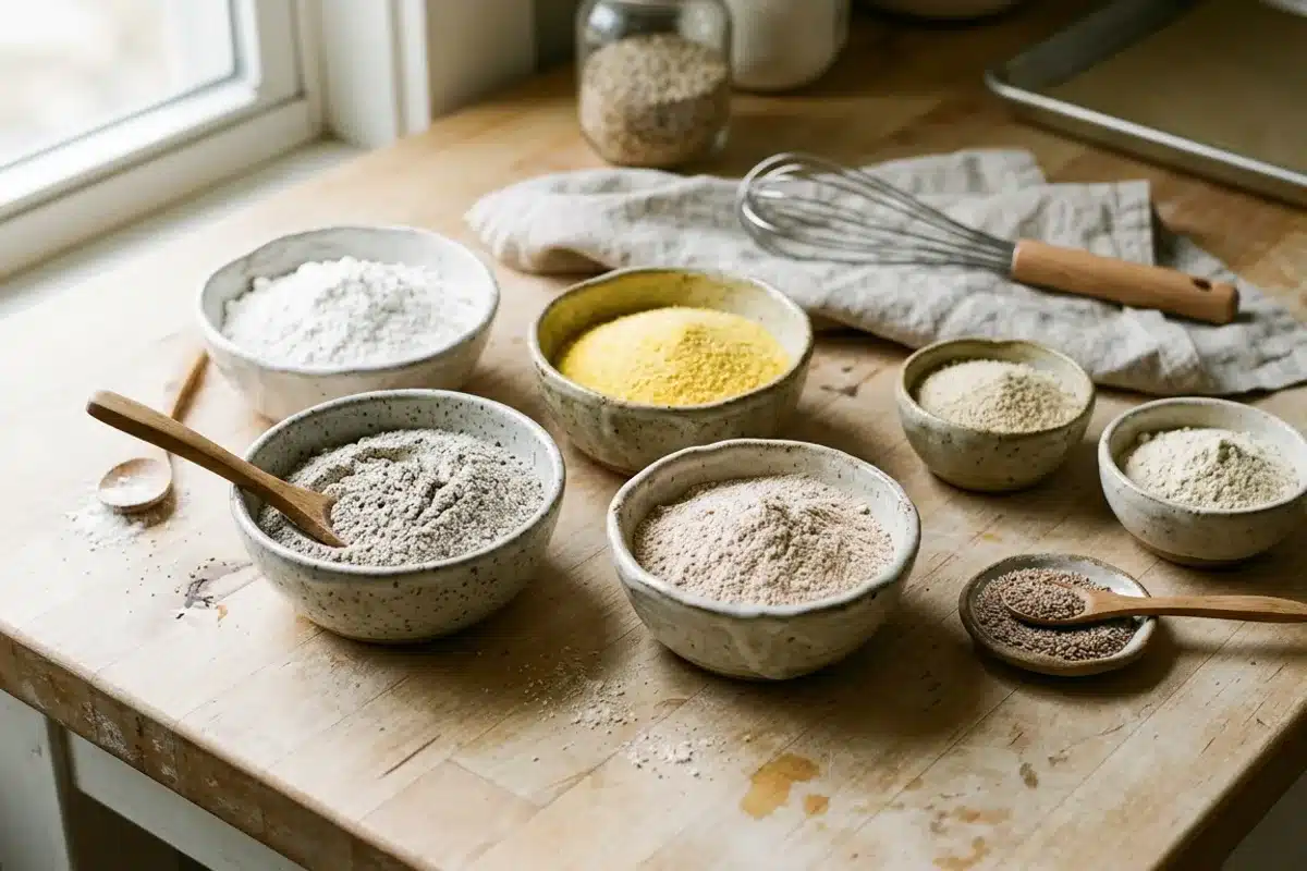 Farines naturellement sans gluten en bols Bols de farines de riz, maïs, sarrasin et châtaigne, naturellement sans gluten