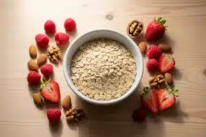 Flocons d'avoine dans un bol blanc, accompagnes de fruits rouges et de noix, pour un petit-dejeuner nutritif