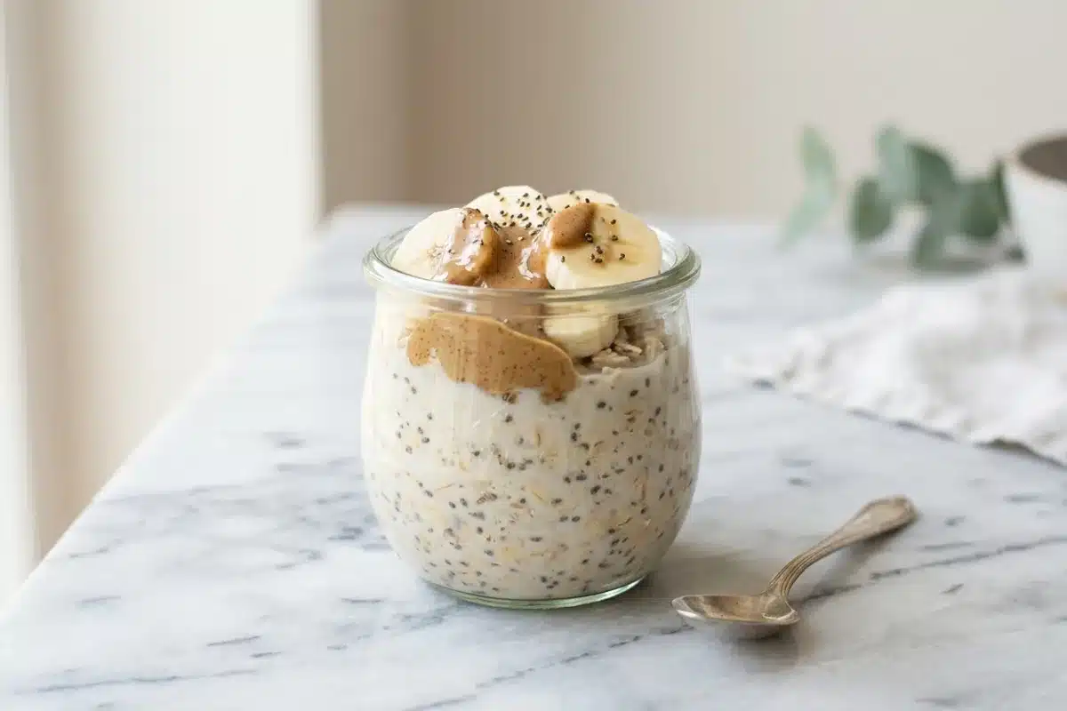 Overnight oats prepares avec des flocons d'avoine Bocal d'overnight oats aux flocons d'avoine avec graines de chia et tranches de banane