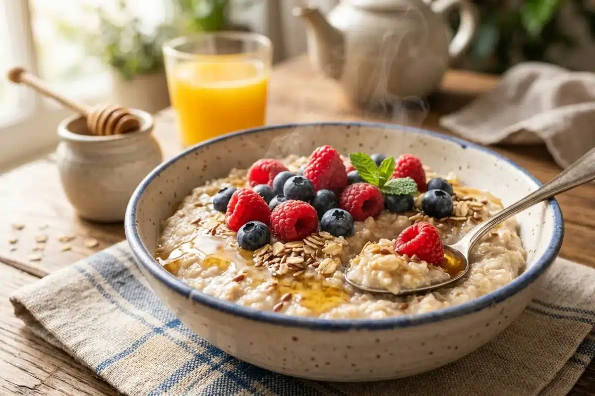 Porridge de flocons d'avoine aux fruits rouges Bol de porridge prepare avec des flocons d'avoine, garni de fruits rouges et de miel, pour un petit-dejeuner sain