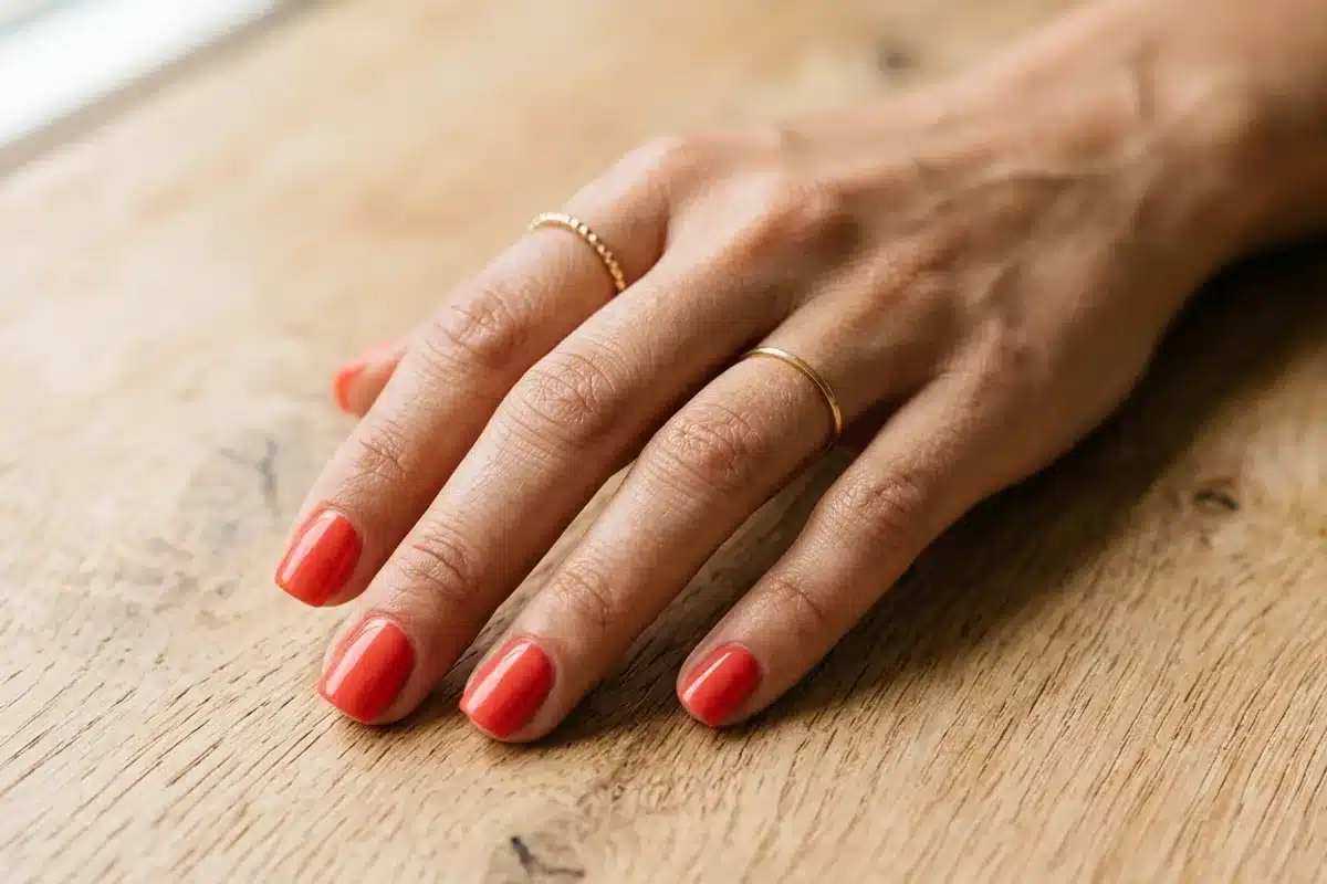 Ongles carrés soignés vernis corail Gros plan d'une main aux ongles carrés vernis corail sur fond bois clair