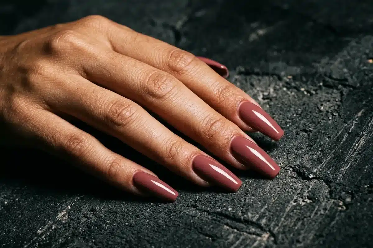 Ongles coffin en gel avec finition brillante nude Ongles longs en forme coffin en gel avec vernis nude profond sur fond béton gris