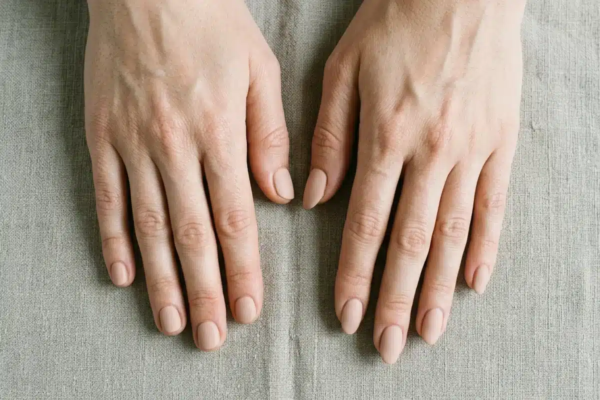 Comparaison formes d'ongles ronde et ovale selon morphologie Vue de dessus de deux mains posées sur fond lin beige, l'une aux ongles ronds courts et l'autre aux ongles ovales