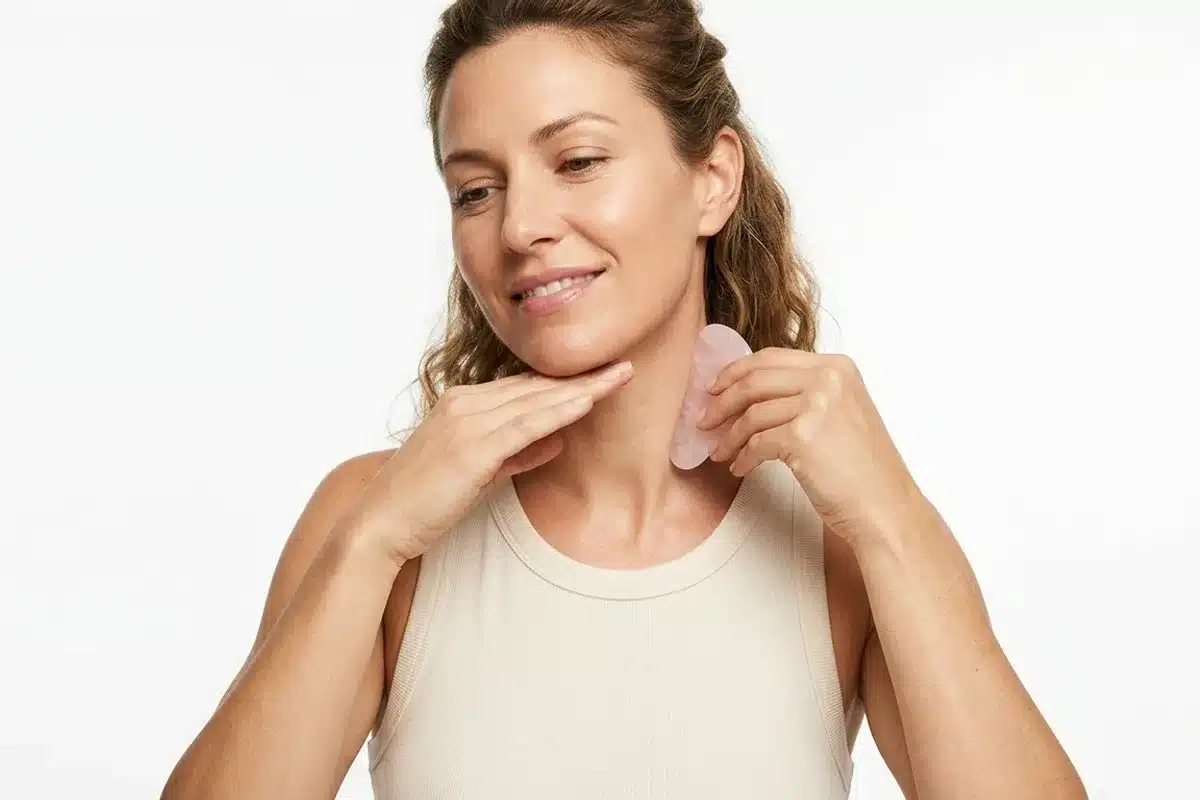 Drainage lymphatique gua sha cou et décolleté Gua sha appliqué sur le cou en mouvement descendant vers les clavicules pour drainer la lymphe