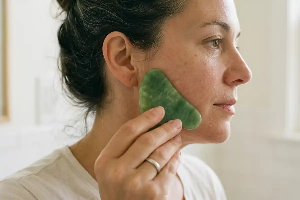 Technique de massage gua sha sur la joue Gua sha en jade glissant sur la joue d'une femme selon un mouvement ascendant, peau naturelle sans maquillage