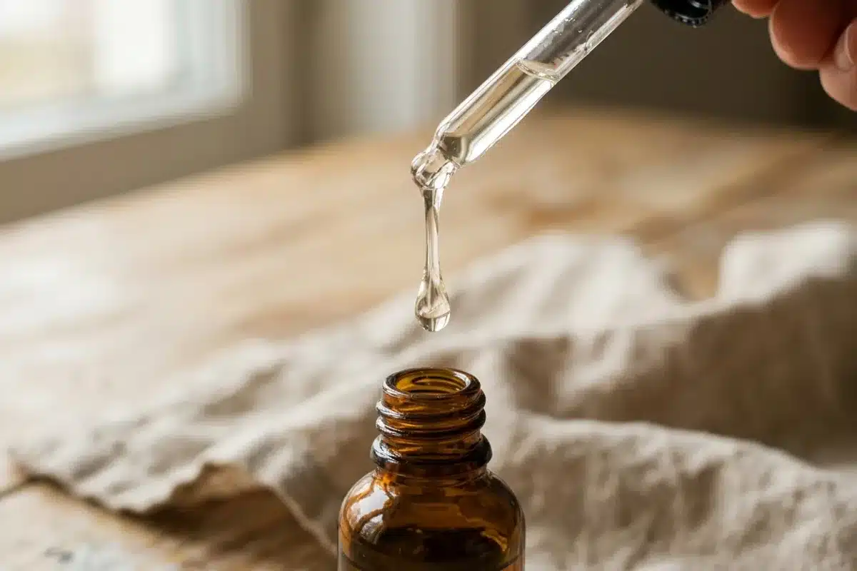 Goutte d’huile de ricin translucide au bout d’une pipette Goutte d'huile de ricin translucide et épaisse au bout d'une pipette au-dessus d'un flacon en verre ambré