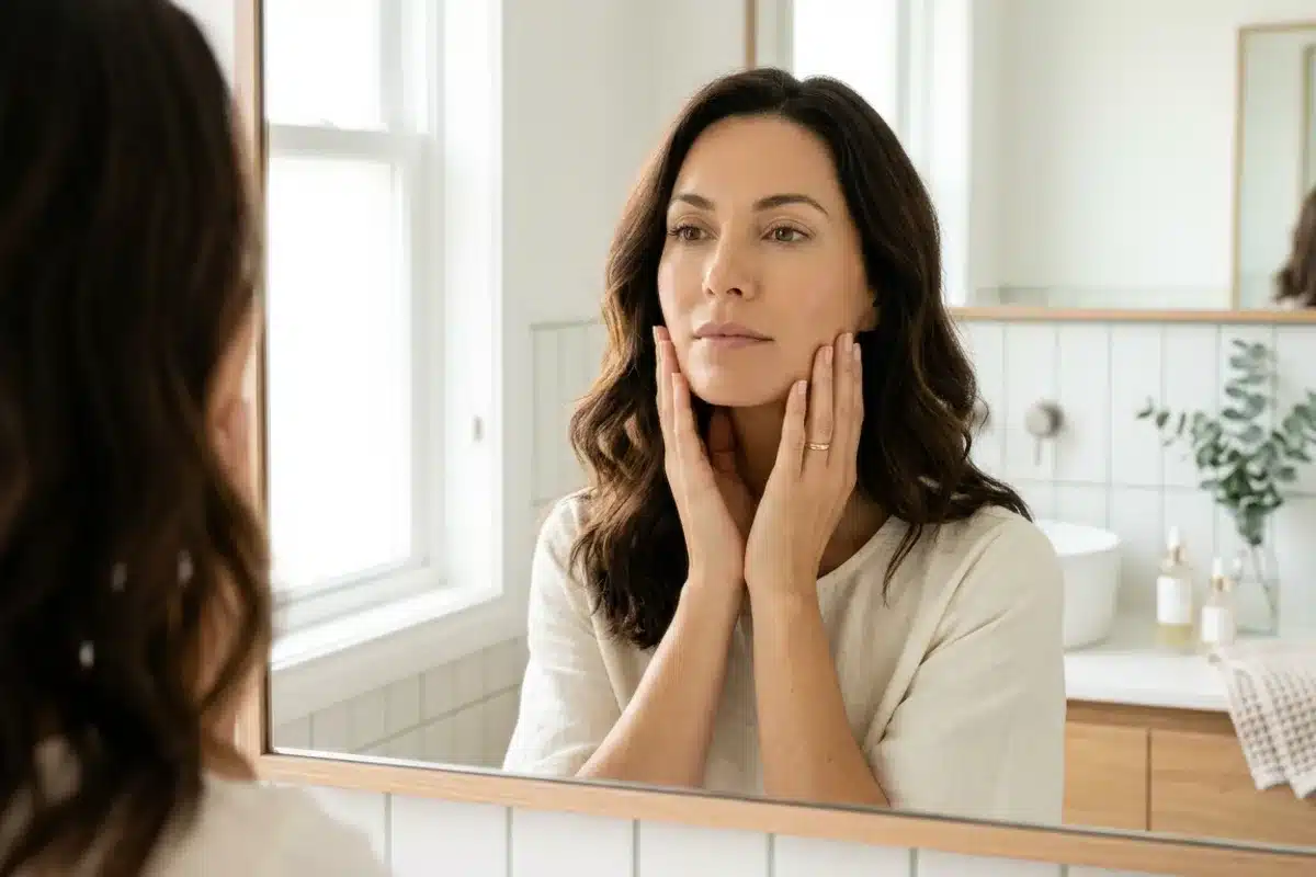 Identifier la forme de son visage devant le miroir Femme observant son visage dans un miroir pour choisir sa coupe de cheveux