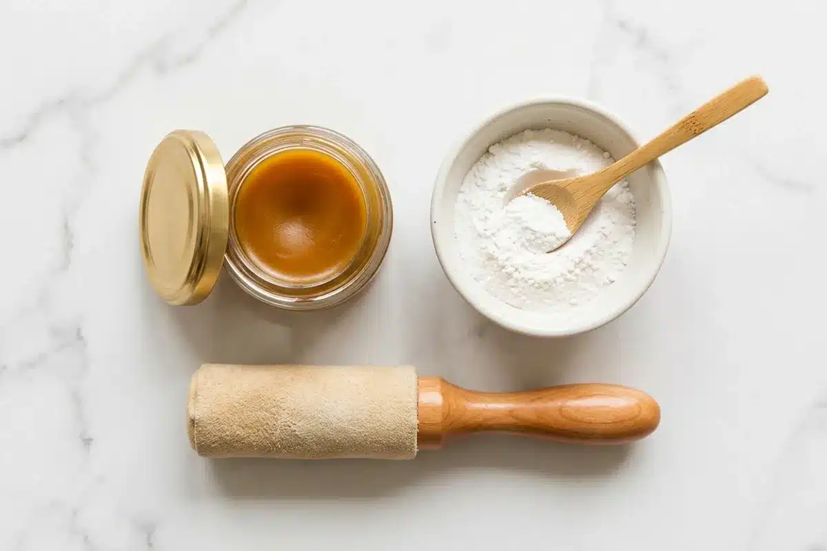 Ingrédients kit manucure japonaise Pot de pâte cirée ambrée, bol de poudre de silice blanche et polissoir chamoisé pour manucure japonaise sur fond marbre blanc