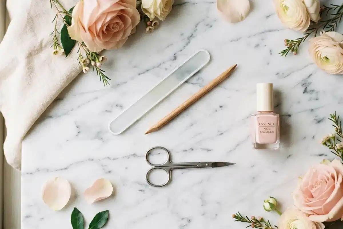 Outils de manucure sur marbre blanc Outils de manucure posés sur un fond marbre : lime en verre, repoussoir, ciseaux et vernis rose