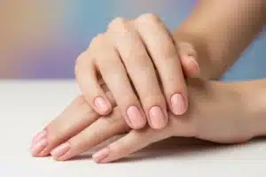 Mains féminines aux ongles manucurés en rose poudré sur fond pastel