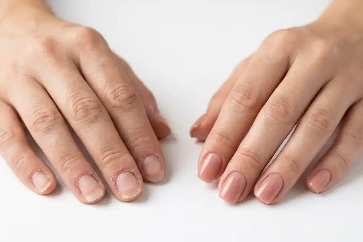 Résultat d'une manucure russe, ongles avant et après Comparaison avant et après manucure russe, ongles nets et contour précis sur la main droite, vue de dessus