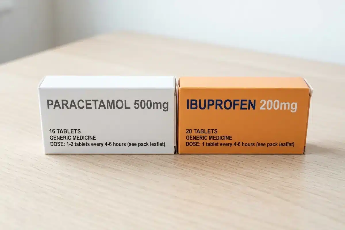 Médicaments antidouleurs dentaires : paracétamol et ibuprofène Boîtes de paracétamol et d'ibuprofène sur une table, médicaments pour soulager une douleur dentaire
