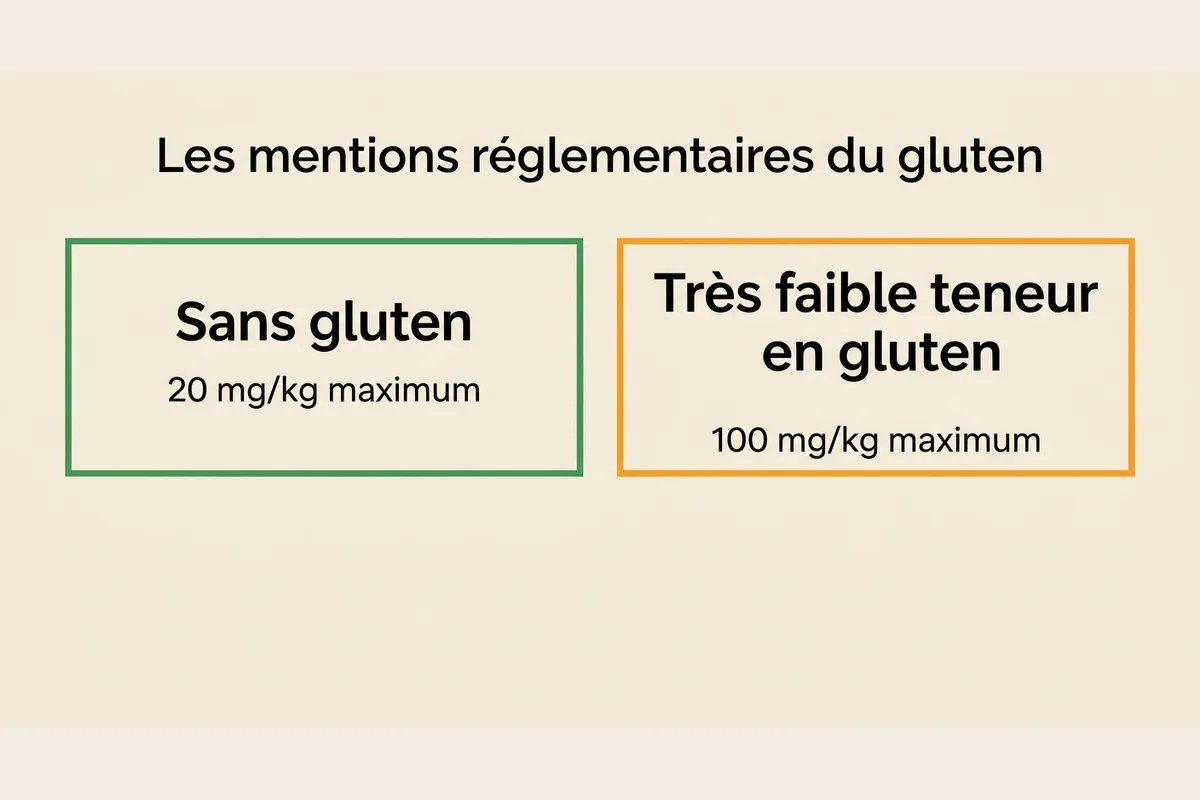 Les seuils réglementaires des mentions sans gluten Schéma des seuils : sans gluten 20 mg/kg, très faible teneur 100 mg/kg