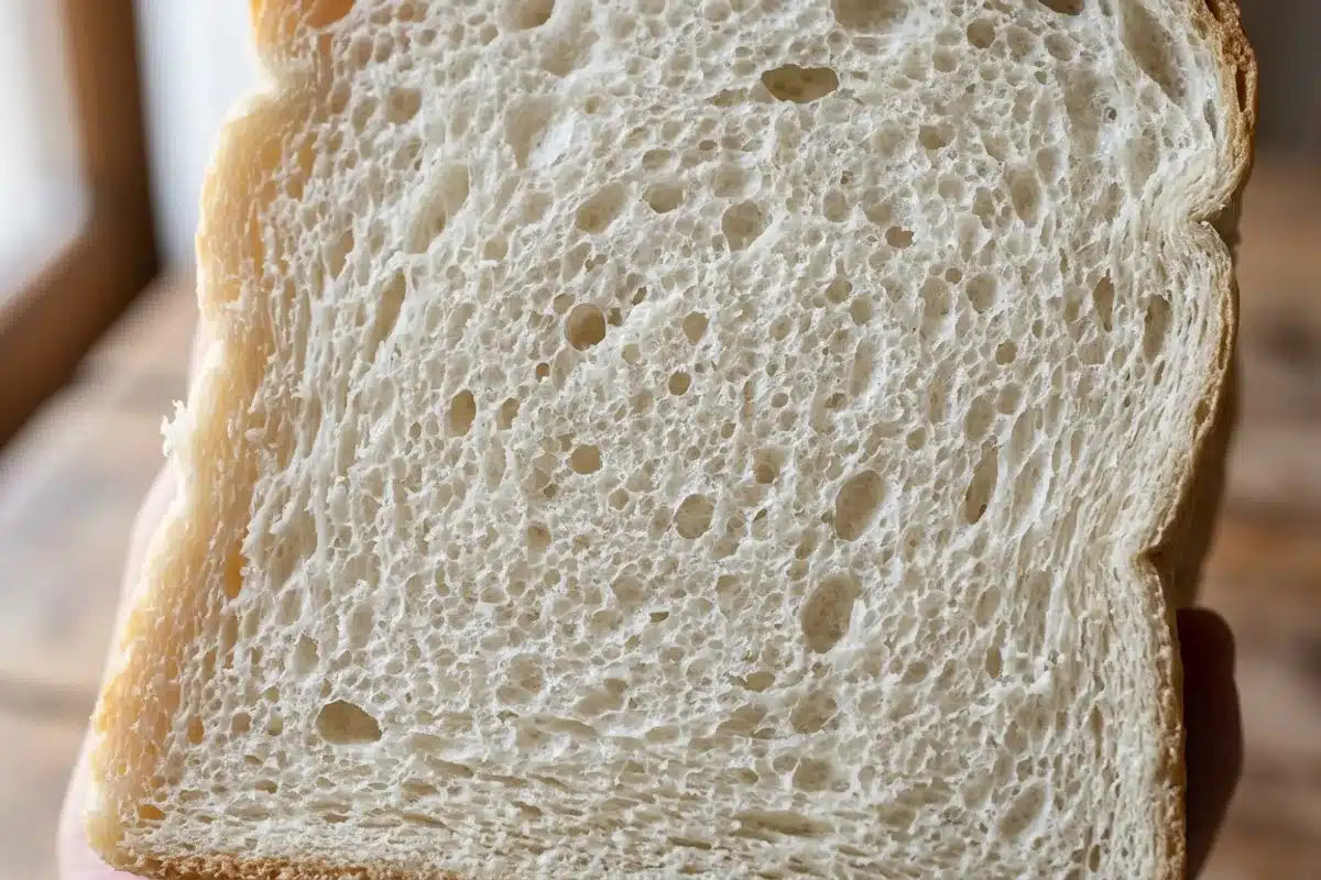 Mie aérée d'une tranche de pain de mie Gros plan sur la mie blanche et alvéolée d'une tranche de pain de mie