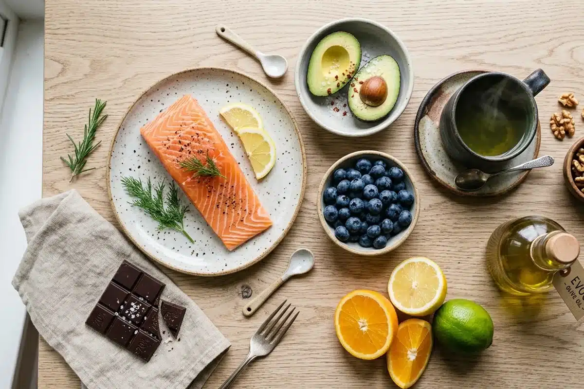 Sources alimentaires des nutriments anti-rides : saumon, baies et avocat Vue d'ensemble des aliments anti-rides : saumon, myrtilles, avocat, noix et thé vert