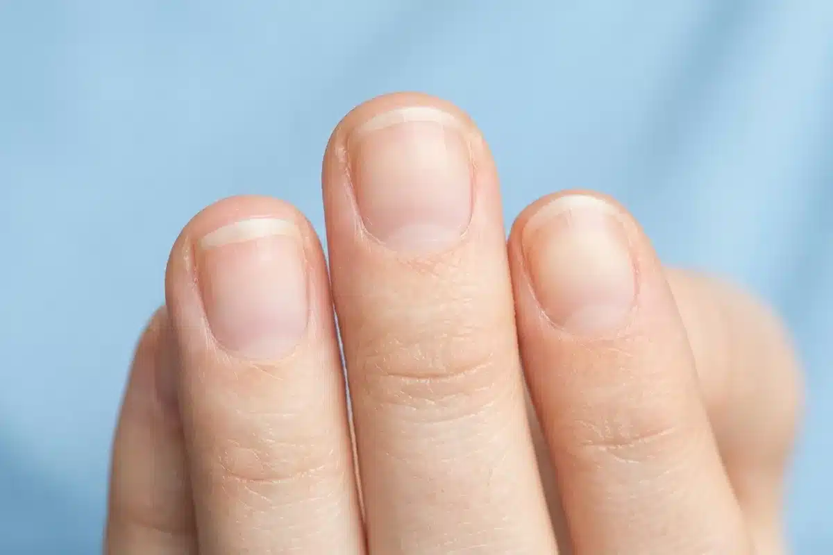 Ongles courts et naturels sans vernis Gros plan macro sur les ongles courts et naturels d'une main sur fond bleu pâle
