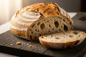 Pain au levain artisanal coupé en tranches révélant une mie alvéolée caractéristique de la fermentation naturelle
