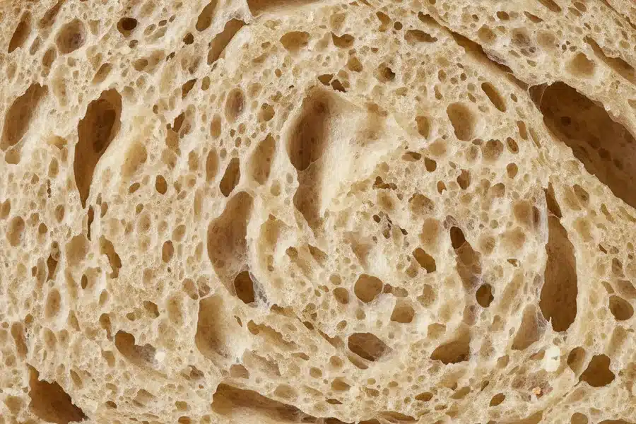 Gros plan sur la mie de pain au levain avec ses grandes alvéoles irrégulières issues de la fermentation naturelle