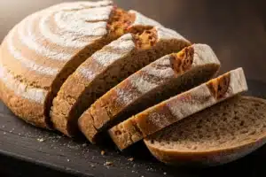 Pain au sarrasin tranché montrant sa mie dense et sa croûte dorée
