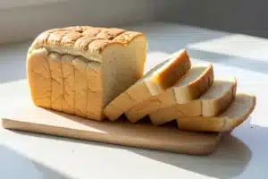 Pain de mie blanc en tranches posé sur une planche en bois clair