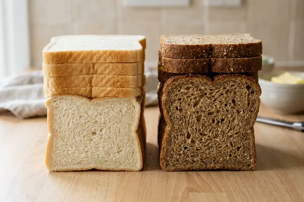 Pain de mie blanc et pain de mie complet côte à côte Comparaison entre des tranches de pain de mie blanc et de pain de mie complet