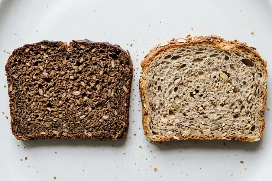 Comparaison tranche de pain de seigle et pain au seigle Tranches de pain de seigle sombre et de pain au seigle plus clair, côte à côte